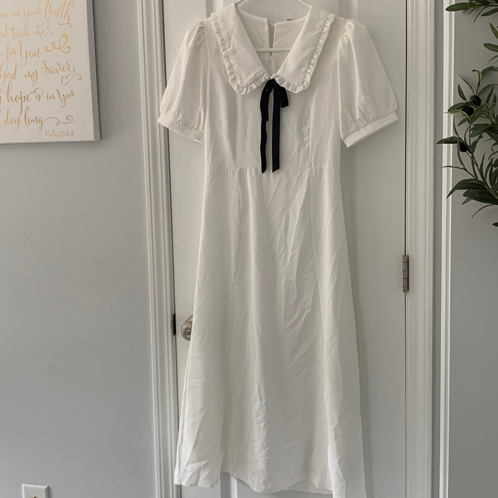 NWT Commense White Peter Pan Collar Midi Dress with‎ Black Bow